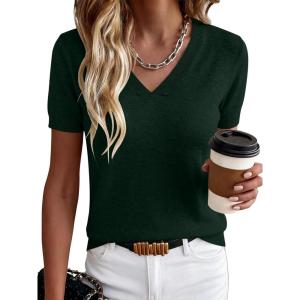 imageANRABESS Women Short Sleeve Sweaters Wool Blend V Neck Sweater Shirts Business Casual Work Tops 2026 Summer Vacation OutfitsDrak Green