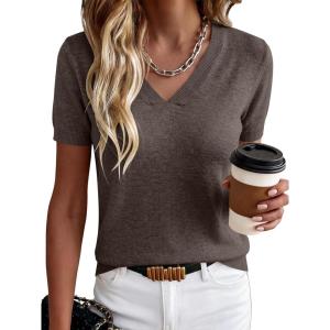 imageANRABESS Women Short Sleeve Sweaters Wool Blend V Neck Sweater Shirts Business Casual Work Tops 2026 Summer Vacation OutfitsDrak Taupe