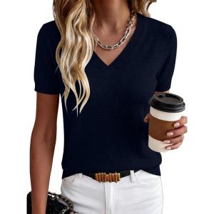 imageANRABESS Women Short Sleeve Sweaters Wool Blend V Neck Sweater Shirts Business Casual Work Tops 2026 Summer Vacation OutfitsNavy Blue