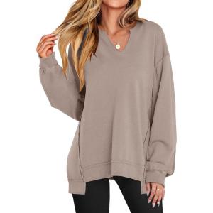imageANRABESS Womens Oversized Sweatshirts Long Sleeve Tunic Shirts V Neck Loose Pullover Tops 2026 Spring Teen Girls OutfitDark Khaki
