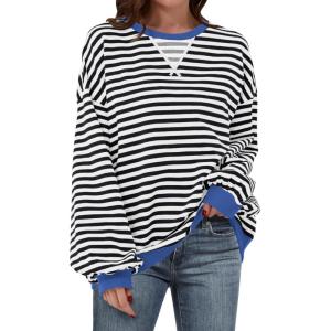 imageANRABESS Womens Striped Oversized Sweatshirts Crew Neck Long Sleeve Shirts Soft Color Block Pullover Top Fashion ClothingBlack White