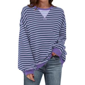 imageANRABESS Womens Striped Oversized Sweatshirts Crew Neck Long Sleeve Shirts Soft Color Block Pullover Top Fashion ClothingBlue Purple