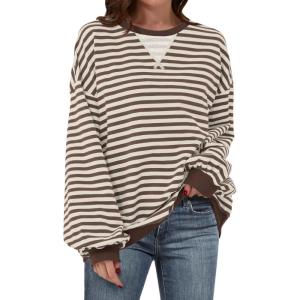 imageANRABESS Womens Striped Oversized Sweatshirts Crew Neck Long Sleeve Shirts Soft Color Block Pullover Top Fashion ClothingBrown White