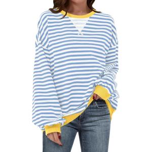 imageANRABESS Womens Striped Oversized Sweatshirts Crew Neck Long Sleeve Shirts Soft Color Block Pullover Top Fashion ClothingBule White