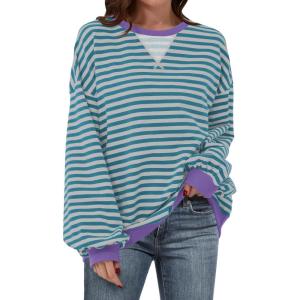 imageANRABESS Womens Striped Oversized Sweatshirts Crew Neck Long Sleeve Shirts Soft Color Block Pullover Top Fashion ClothingGreen Grey