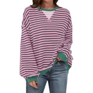imageANRABESS Womens Striped Oversized Sweatshirts Crew Neck Long Sleeve Shirts Soft Color Block Pullover Top Fashion ClothingGrey Pink
