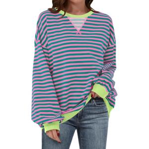 imageANRABESS Womens Striped Oversized Sweatshirts Crew Neck Long Sleeve Shirts Soft Color Block Pullover Top Fashion ClothingPink Green