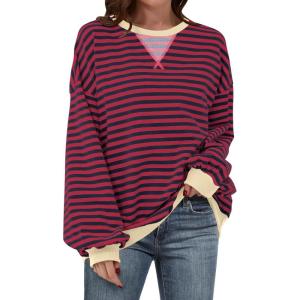 imageANRABESS Womens Striped Oversized Sweatshirts Crew Neck Long Sleeve Shirts Soft Color Block Pullover Top Fashion ClothingRed Blue