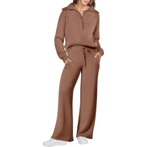 imageANRABESS Womens 2 Piece Outfits Half Zip Sweatshirt amp Wide Leg Pants Airport Travel Lounge Matching Sets Sweatsuits ClothingBurnt Brown