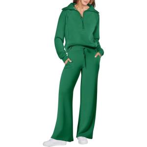 imageANRABESS Womens 2 Piece Outfits Half Zip Sweatshirt amp Wide Leg Pants Airport Travel Lounge Matching Sets Sweatsuits ClothingGreen