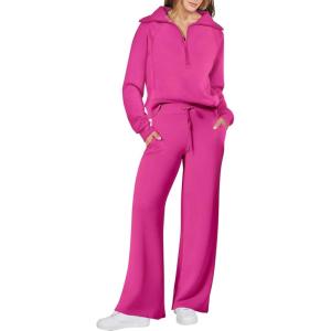 imageANRABESS Womens 2 Piece Outfits Half Zip Sweatshirt amp Wide Leg Pants Airport Travel Lounge Matching Sets Sweatsuits ClothingHot Pink