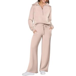 imageANRABESS Womens 2 Piece Outfits Half Zip Sweatshirt amp Wide Leg Pants Airport Travel Lounge Matching Sets Sweatsuits ClothingKhaki
