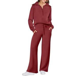imageANRABESS Womens 2 Piece Outfits Half Zip Sweatshirt amp Wide Leg Pants Airport Travel Lounge Matching Sets Sweatsuits ClothingRed
