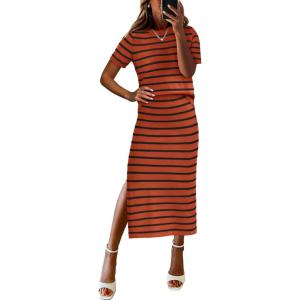 imageANRABESS Womens 2 Piece Skirt SetsStriped Knit Sweater Midi DressComfy CuteLounge Casual Travel for Summer or Early FallBrick Red Black Stripe