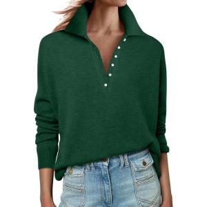 imageANRABESS Womens Long Sleeve Polo Sweaters Knit Button Shirt Lightweight Dressy Casual Basic Pullover Tops 2025 Fall Fashion Forest Green Small