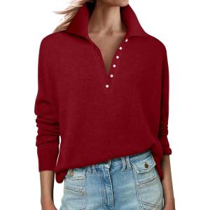 imageANRABESS Womens Long Sleeve Polo Sweaters Knit Button Shirt Lightweight Dressy Casual Basic Pullover Tops 2025 Fall Fashion Red Large