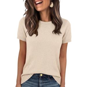 imageANRABESS Womens Short Sleeve Sweater Scoop Neck 2026 Casual Lightweight Pullover Tops Spring Summer ClothesBeige