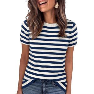 imageANRABESS Womens Short Sleeve Sweater Scoop Neck 2026 Casual Lightweight Pullover Tops Spring Summer ClothesBlue White Stripe
