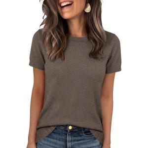 imageANRABESS Womens Short Sleeve Sweater Scoop Neck 2026 Casual Lightweight Pullover Tops Spring Summer ClothesCoffee