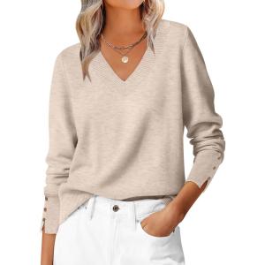 imageANRABESS Lightweight Sweaters for Women Long Sleeve V Neck Shirts Business Casual Work Blouses 2025 Fall Knit Pullover TopsAlmond