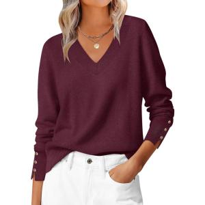 imageANRABESS Lightweight Sweaters for Women Long Sleeve V Neck Shirts Business Casual Work Blouses 2025 Fall Knit Pullover TopsBurgund
