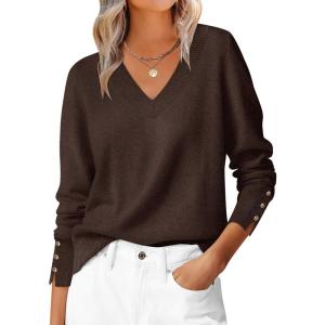 imageANRABESS Lightweight Sweaters for Women Long Sleeve V Neck Shirts Business Casual Work Blouses 2025 Fall Knit Pullover TopsCoffee