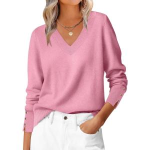 imageANRABESS Lightweight Sweaters for Women Long Sleeve V Neck Shirts Business Casual Work Blouses 2025 Fall Knit Pullover TopsCoral Pink