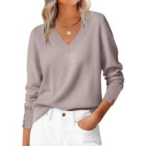 imageANRABESS Lightweight Sweaters for Women Long Sleeve V Neck Shirts Business Casual Work Blouses 2025 Fall Knit Pullover TopsGrey Khaki