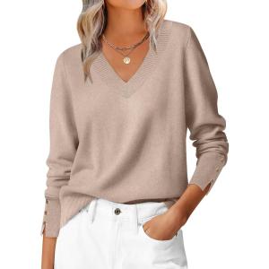 imageANRABESS Lightweight Sweaters for Women Long Sleeve V Neck Shirts Business Casual Work Blouses 2025 Fall Knit Pullover TopsTan