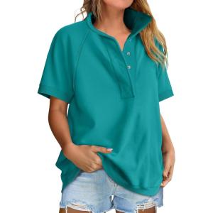 imageANRABESS Womens Short Sleeve Tops Oversized Lightweight Sweatshirt Polo Shirts 2026 Summer Casual Button Pullover Top OutfitsAqua