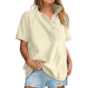 imageANRABESS Womens Short Sleeve Tops Oversized Lightweight Sweatshirt Polo Shirts 2026 Summer Casual Button Pullover Top OutfitsBeige
