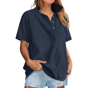 imageANRABESS Womens Short Sleeve Tops Oversized Lightweight Sweatshirt Polo Shirts 2026 Summer Casual Button Pullover Top OutfitsBlue