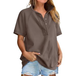 imageANRABESS Womens Short Sleeve Tops Oversized Lightweight Sweatshirt Polo Shirts 2026 Summer Casual Button Pullover Top OutfitsBrown