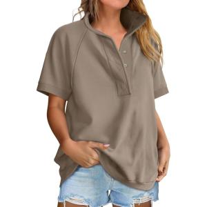 imageANRABESS Womens Short Sleeve Tops Oversized Lightweight Sweatshirt Polo Shirts 2026 Summer Casual Button Pullover Top OutfitsKhaki