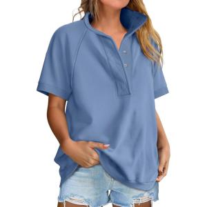 imageANRABESS Womens Short Sleeve Tops Oversized Lightweight Sweatshirt Polo Shirts 2026 Summer Casual Button Pullover Top OutfitsLight Blue