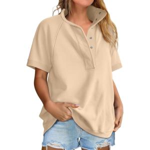 imageANRABESS Womens Short Sleeve Tops Oversized Lightweight Sweatshirt Polo Shirts 2026 Summer Casual Button Pullover Top OutfitsParchment