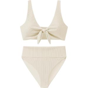 imageANRABESS Bikini Sets for Women Summer High Waisted 2 Piece Bathing Suit Ribbed Tie Knot Swimsuit 2026 Beach Vacation SwimwearBeige