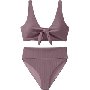 imageANRABESS Bikini Sets for Women Summer High Waisted 2 Piece Bathing Suit Ribbed Tie Knot Swimsuit 2026 Beach Vacation SwimwearDusty Purple