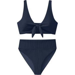 imageANRABESS Bikini Sets for Women Summer High Waisted 2 Piece Bathing Suit Ribbed Tie Knot Swimsuit 2026 Beach Vacation SwimwearNavy Blue