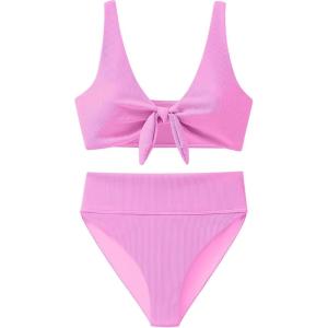 imageANRABESS Bikini Sets for Women Summer High Waisted 2 Piece Bathing Suit Ribbed Tie Knot Swimsuit 2026 Beach Vacation SwimwearPink