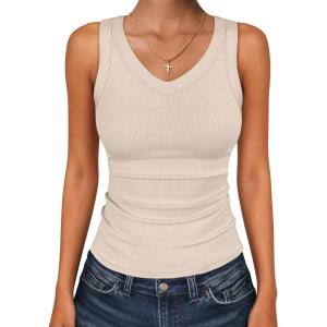 imageANRABESS Tank Tops for Women V Neck Ribbed Knit Slim Fitted Sleeveless Basic Tee Tanks Casual Summer Clothes 2026Apricot