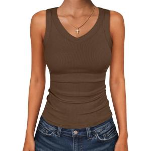 imageANRABESS Tank Tops for Women V Neck Ribbed Knit Slim Fitted Sleeveless Basic Tee Tanks Casual Summer Clothes 2026Coffee