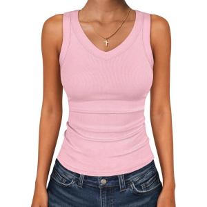 imageANRABESS Tank Tops for Women V Neck Ribbed Knit Slim Fitted Sleeveless Basic Tee Tanks Casual Summer Clothes 2026Pink