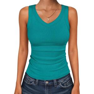 imageANRABESS Tank Tops for Women V Neck Ribbed Knit Slim Fitted Sleeveless Basic Tee Tanks Casual Summer Clothes 2026Teal