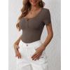 imageANRABESS Womens Short Sleeve Henley Shirts Ribbed Slim Fitted Tee Summer Work Tops 2026 Button Blouse Spring Vacation ClothesBrown