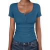 imageANRABESS Womens Short Sleeve Henley Shirts Ribbed Slim Fitted Tee Summer Work Tops 2026 Button Blouse Spring Vacation ClothesIndigo