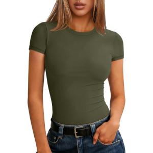 imageANRABESS Women Short Sleeve Tops Summer 2026 Double Lined Crewneck T Shirt Basic Tight Workout Tee Y2k ClothesArmy Green