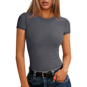 imageANRABESS Women Short Sleeve Tops Summer 2026 Double Lined Crewneck T Shirt Basic Tight Workout Tee Y2k ClothesGrey