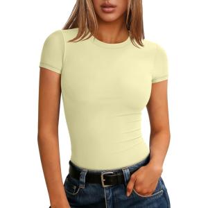 imageANRABESS Women Short Sleeve Tops Summer 2026 Double Lined Crewneck T Shirt Basic Tight Workout Tee Y2k ClothesLemon
