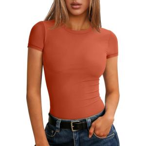 imageANRABESS Women Short Sleeve Tops Summer 2026 Double Lined Crewneck T Shirt Basic Tight Workout Tee Y2k ClothesOrange